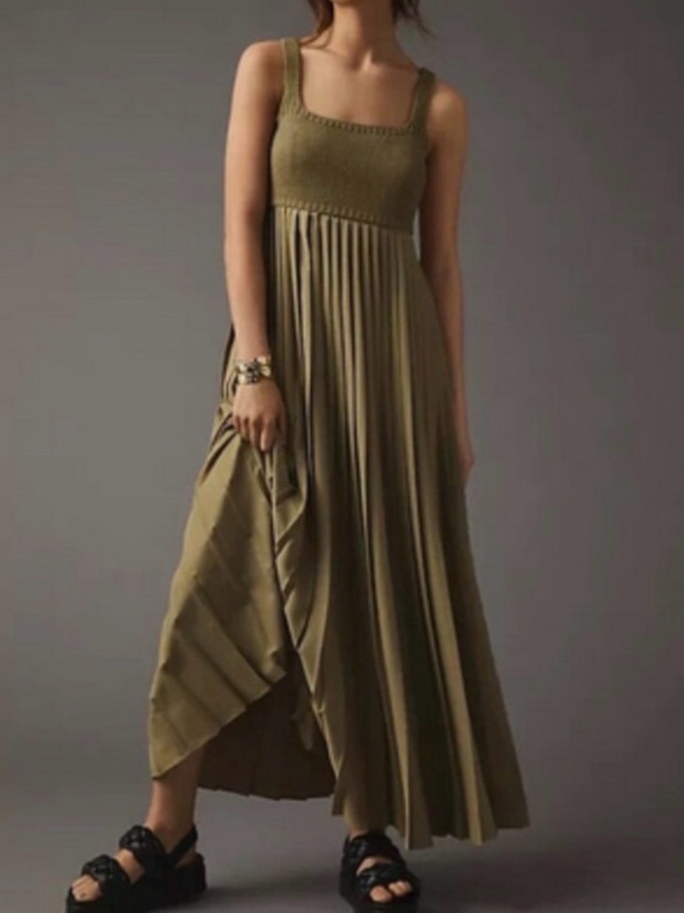 Olive Maxi Dress with Pleated Skirt - Women's Sleeveless Maxi